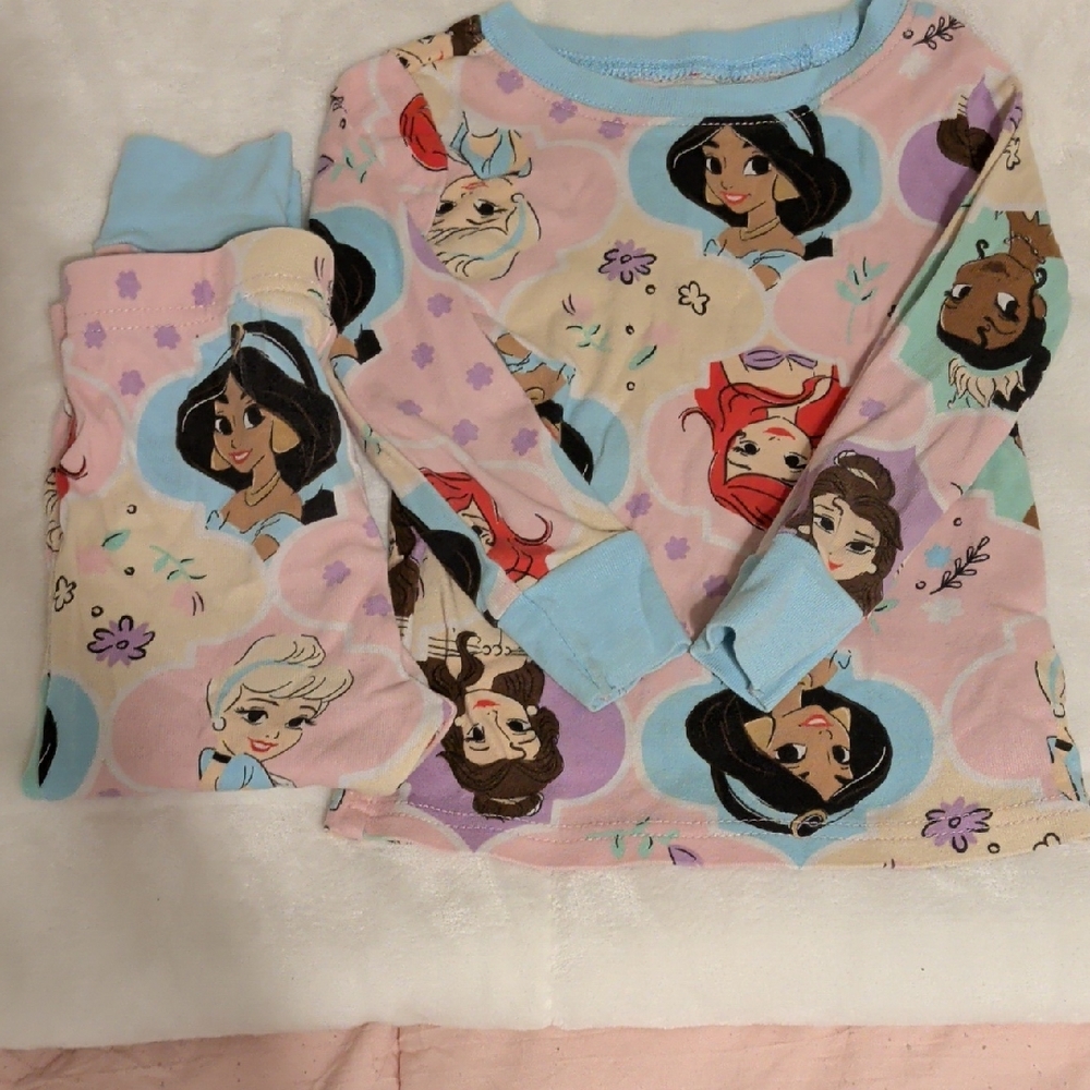 Girls' Pink Disney Princess Cotton Pajama Set with Light Blue Cuffs